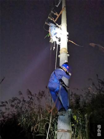 梧州供电局工作人员爬杆更换线闸（拍摄：左炳斌）
